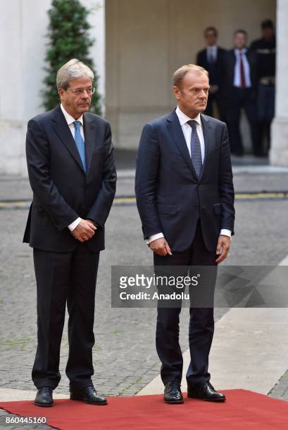 Italian Prime Minister Paolo Gentiloni welcomes President of European Council Donald Tusk with an welcoming ceremony at Palazzo Chigi in Rome, Italy...