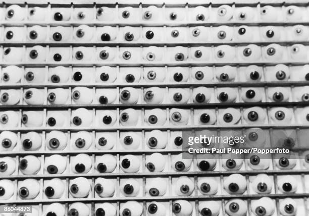 Some of the finished glass eyes, which are made at a wartime production facility run by the British Ministry of Pensions, 25th February 1943.