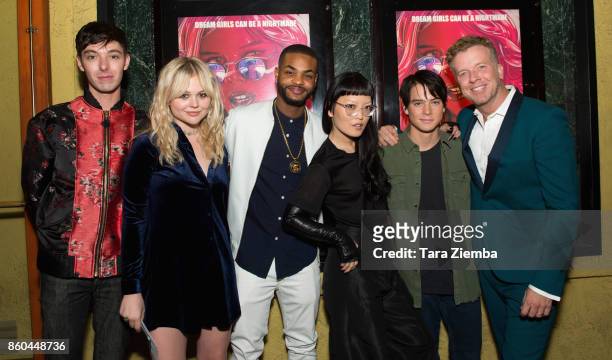 Doug Haley, Emily Alyn Lind, King Bach, Hana Mae Lee, Judah Lewis and McG attend the premiere of Netflix's 'The Babysitter' at the Vista Theatre on...