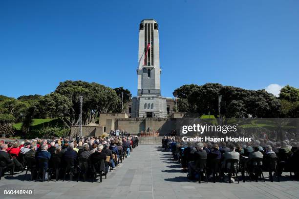 General view of proceedings during a ceremony to mark the centenary of the Battle of Passchendaele at Pukeahu National War Memorial Park on October...
