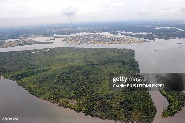 Aerial view dated on April 14, 2009 shows the Niger Delta creeks, 35 kilometers away from Port Harcourt in Rivers State. AFP PHOTO / PIUS UTOMI EKPEI