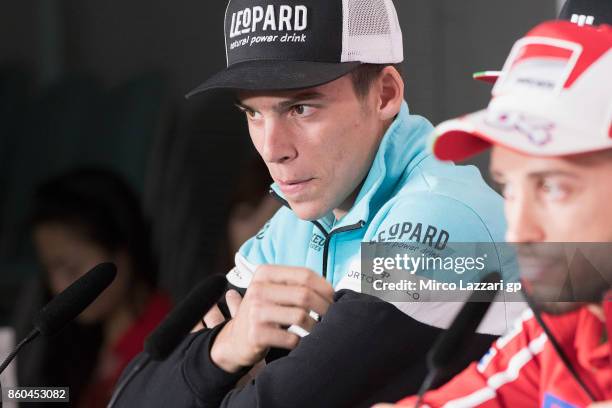 Joan Mir of Spain and Leopard Racing looks on during a press conference ahead of the MotoGP of Japan at Twin Ring Motegi on October 12, 2017 in...
