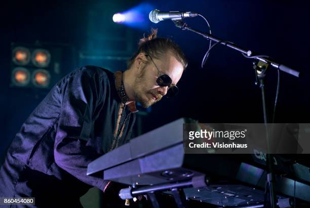 Ekku Lintunen, keyboards and vocals with Have You Ever Seen The Jane Fonda Aerobic VHS performs on the Calling Out stage at Kendal Calling Festival...