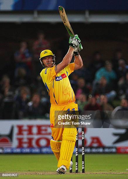 Andrew Flintoff of Chennai hits out during IPL T20 match between Chennai Super Kings and Royal Challengers Bangalore at St Georges Cricket Ground on...