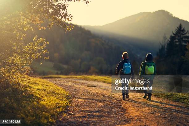 zwei kleine brüder wandern in bergen - boys sunset stock-fotos und bilder