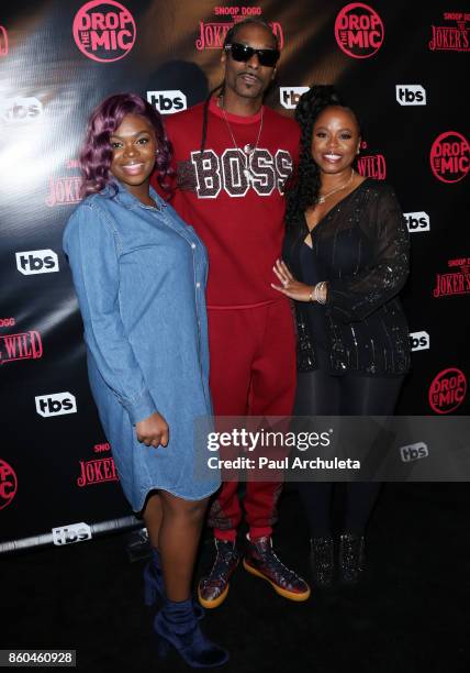 Cori Broadus, Snoop Dogg and Shante Broadus attend the premiere for TBS's "Drop The Mic" and "The Joker's Wild" at The Highlight Room on October 11,...