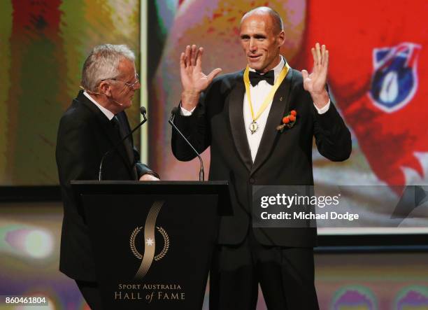 Sport Australia Hall of Fame Inductee and legend AFL footballer Tony Lockett speaks on stage at the Annual Induction and Awards Gala Dinner at Crown...