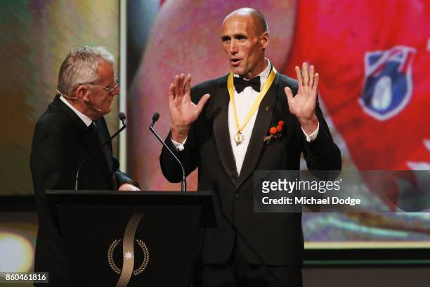 Sport Australia Hall of Fame Inductee and legend AFL footballer Tony Lockett speaks on stage at the Annual Induction and Awards Gala Dinner at Crown...