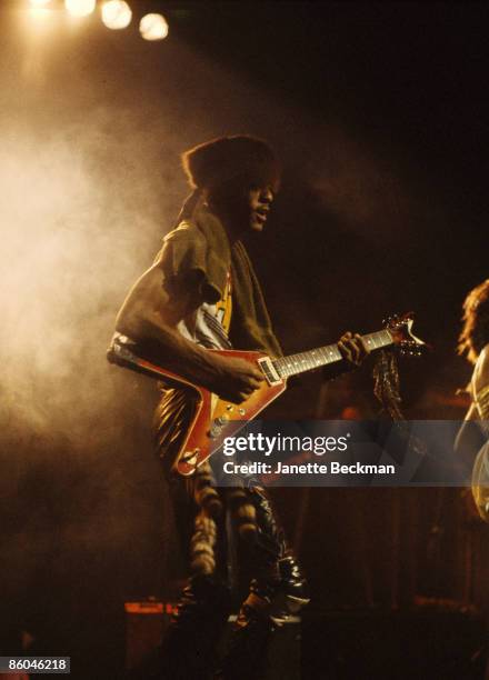American musician and singer Jeffrey Daniels from the group Shalamar performs on stage, London, England, 1981.