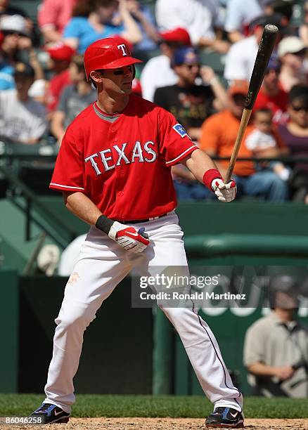 Third baseman Michael Young of the Texas Rangers at bat on April 19, 2009 at Rangers Ballpark in Arlington, Texas.