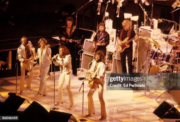 The Bee Gees perform at the Oakland Coliseum on July 11, 1979 in Oakland, California.