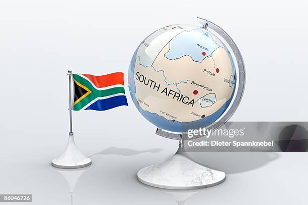 globe shows south africa closeup with ensign - south africa flag stock pictures, royalty-free photos & images
