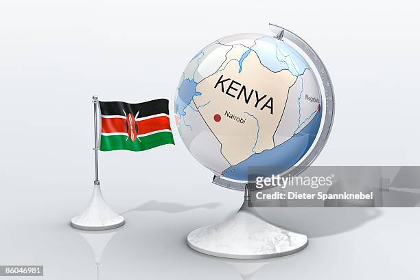 globe shows kenya closeup with ensign - kenyan flag stock-fotos und bilder