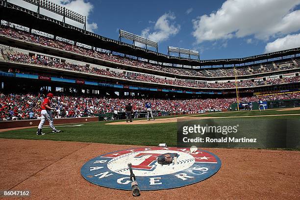 General view of the Texas Rangers on deck circle during play against the Kansas City Royals on April 19, 2009 at Rangers Ballpark in Arlington, Texas.