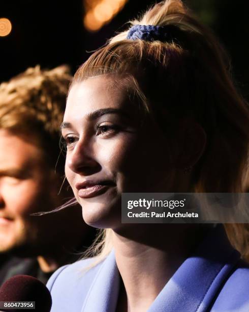 Fashion Model Hailey Baldwin attends the premiere for TBS's "Drop The Mic" and "The Joker's Wild" at The Highlight Room on October 11, 2017 in Los...