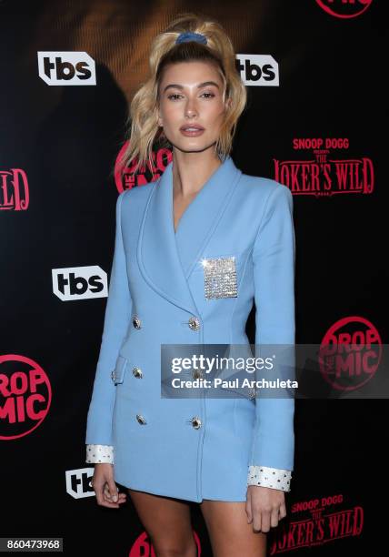 Fashion Model Hailey Baldwin attends the premiere for TBS's "Drop The Mic" and "The Joker's Wild" at The Highlight Room on October 11, 2017 in Los...