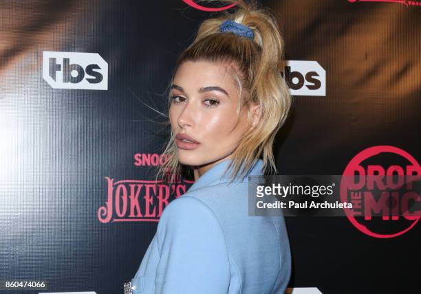 Fashion Model Hailey Baldwin attends the premiere for TBS's "Drop The Mic" and "The Joker's Wild" at The Highlight Room on October 11, 2017 in Los...