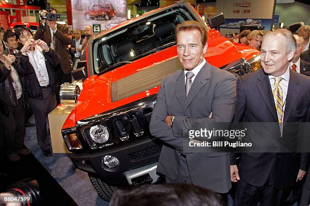 California Governor Arnold Schwarzenegger and Raser Technologies Chairman Kraig Higginson pose with the new Hummer H3, the first full electric drive...