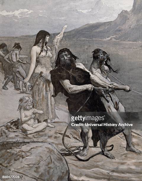 Cite Lacustre, 1897. By French artist and illustrator, Fernand Cormon . . Collotype after a watercolour on wove paper. Cite Lacustre was a Neolithic...
