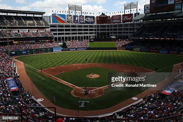 General view of the Kansas City Royals and the Texas Rangers on April 19, 2009 at Rangers Ballpark in Arlington, Texas.