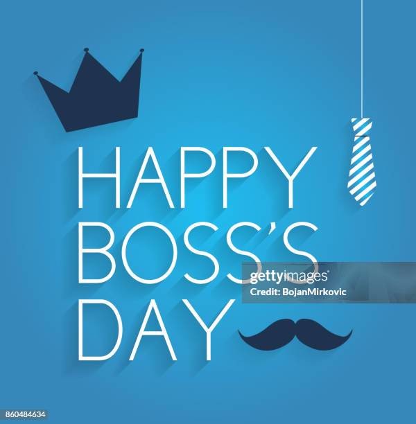 boss day poster on blue background with hanging tie, crown and mustache - bossy stock illustrations