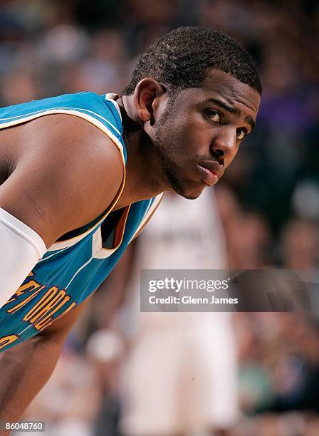 Chris Paul of the New Orleans Hornets stands on the court during the game against the Dallas Mavericks on April 10, 2009 at American Airlines Center...