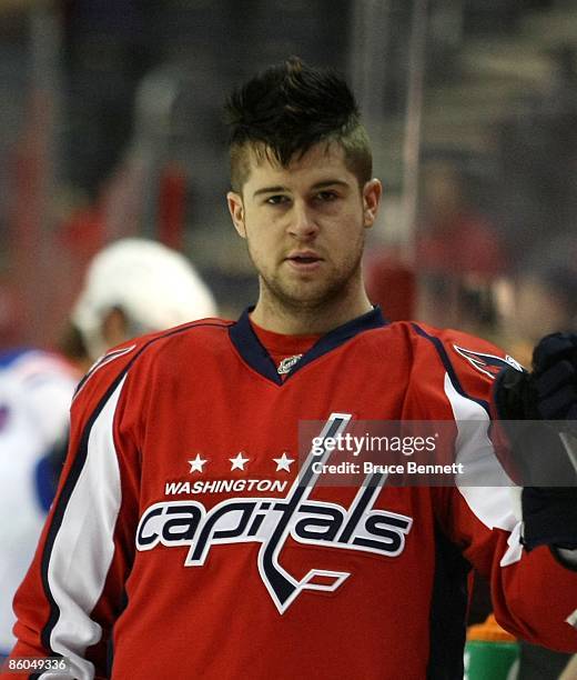 Mike Green of the Washington Capitals skates in warmups prior to playing the New York Rangers in Game Two of the Eastern Conference Quarterfinal...