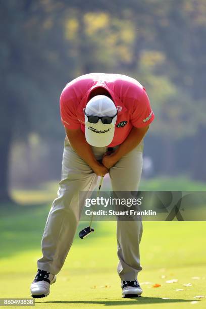 George Coetzee of South Africa reacts on Day One of the Italian Open at Golf Club Milano - Parco Reale di Monza on October 12, 2017 in Monza, Italy.