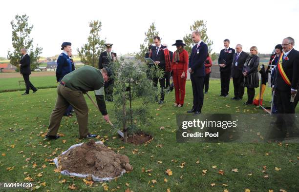 Prince William, Duke of Cambridge and Princess Astrid of Belgium watch a tree being planted as they attend the New Zealand national commemoration for...