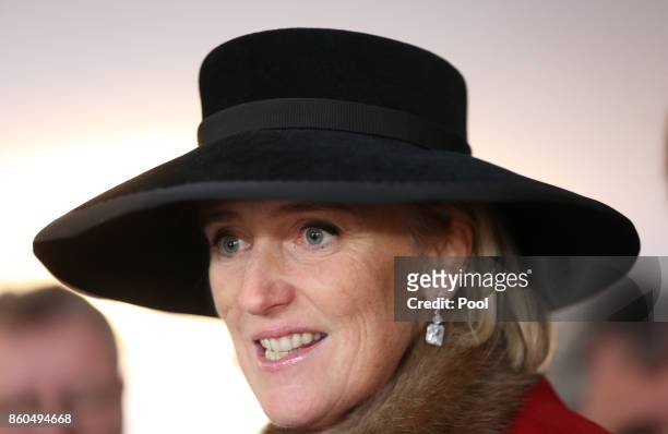 Princess Astrid of Belgium speaks to guests as she attends a reception for the Battle of Passchendaele at Tyne Cot Cemetery on October 12, 2017 in...