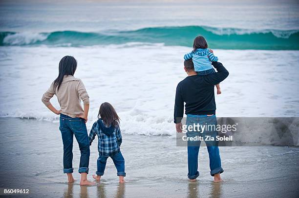 family of four at the beach - on shoulders stock pictures, royalty-free photos & images