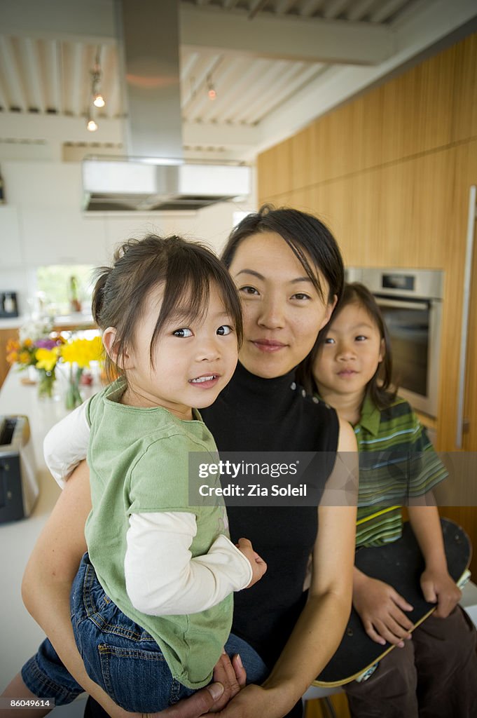 Kitchen portrait, Mom and two toddlers