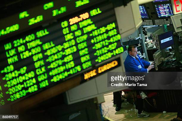 Trader works on the floor of the New York Stock Exchange April 20, 2009 in New York City. The Dow closed down 289.60 points at 7,841.73 in a broad...