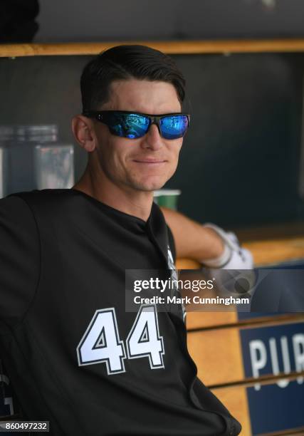 Rob Brantly of the Chicago White Sox looks on during the game against the Detroit Tigers at Comerica Park on September 14, 2017 in Detroit, Michigan....