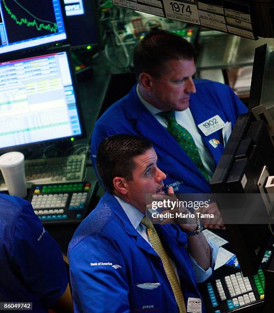 Traders work on the floor of the New York Stock Exchange April 20, 2009 in New York City. The Dow closed down 289.60 points at 7,841.73 in a broad...