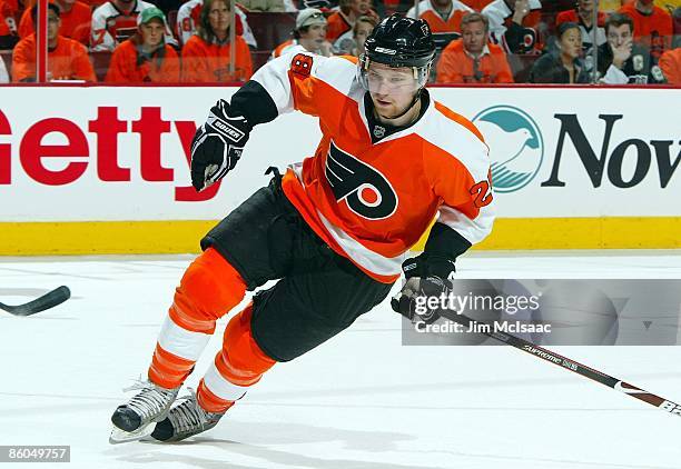 Claude Giroux of the Philadelphia Flyers skates against the Pittsburgh Penguins during Game Three of the Eastern Conference Quarterfinal Round of the...