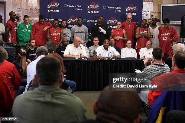 In front of the entire team, general manager Danny Ferry and head coach Mike Brown of the Cleveland Cavaliers address the media after Mike Brown...