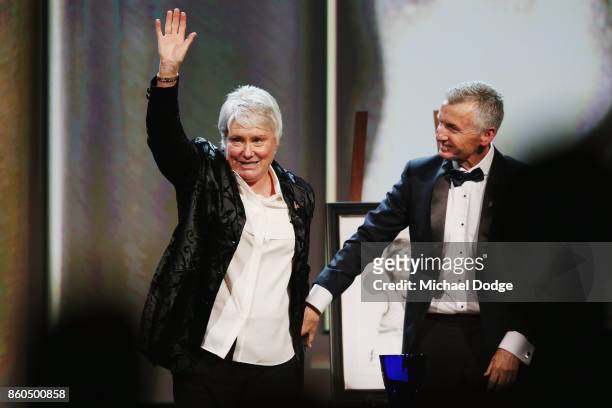 Raelene Boyle thanks the audience with Bruce McAvaney after being announced The Legend inductee at the Sport Australia Hall of Fame Annual Induction...
