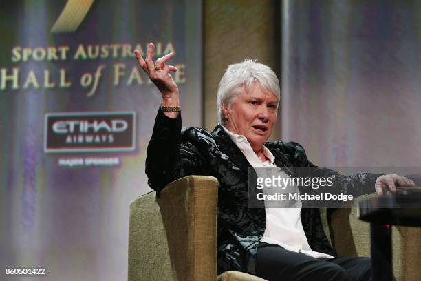 Raelene Boyle speaks on stage after being announced The Legend inductee at the Sport Australia Hall of Fame Annual Induction and Awards Gala Dinner...
