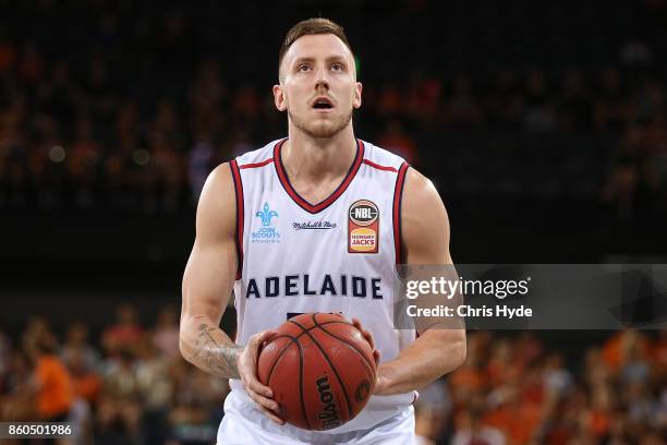 Mitch Creek of the 36ers shoots during the round two NBL match between the Cairns Taipans and the Adelaide 36ers at Cairns Convention Centre on...