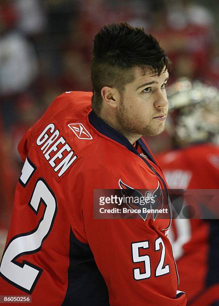 Mike Green of the Washington Capitals skates in warmups prior to playing the New York Rangers in Game Two of the Eastern Conference Quarterfinal...