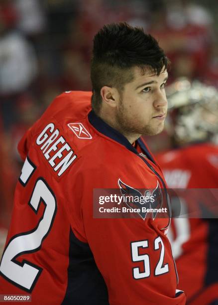 Mike Green of the Washington Capitals skates in warmups prior to playing the New York Rangers in Game Two of the Eastern Conference Quarterfinal...