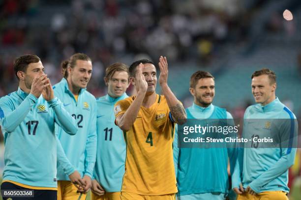Tim Cahill of Australia thanks the crowd after scoring two goals during the 2018 FIFA World Cup Asian Playoff match between the Australian Socceroos...