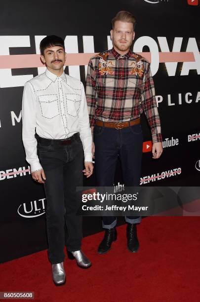 YouTubers Mitch Grassi and Scott Hoying arrive at the Premiere Of YouTube's 'Demi Lovato: Simply Complicated' at the Fonda Theatre on October 11,...