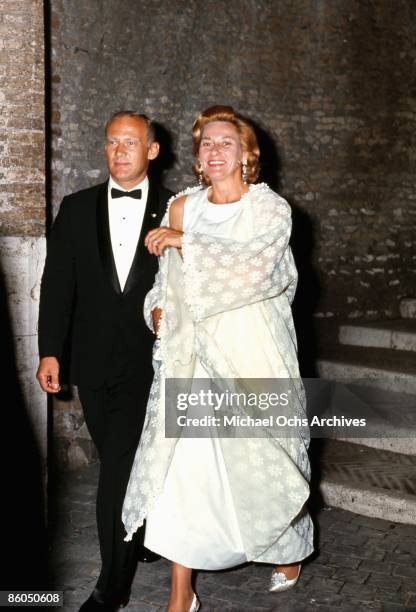 Apollo 11 astronaut Edwin "Buzz" Aldrin and his wife Joan arrive at a reception at the Castel Sant'Angelo on October 16, 1969 in Rome, Italy.