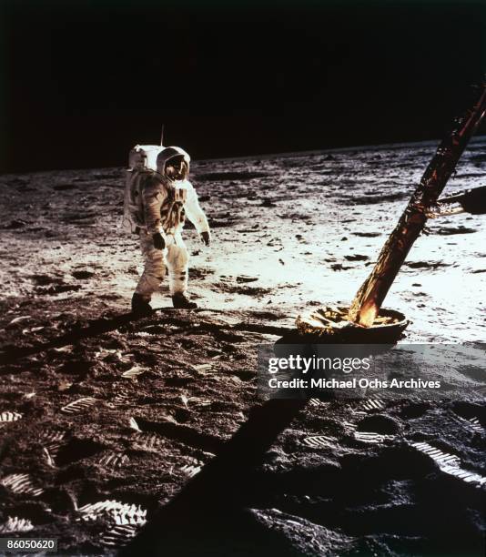 Apollo 11 astronaut Buzz Aldrin is photographed by Neil Armstrong as he stands by the lunar module on July 21, 1969 on the Moon.