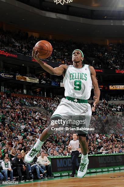 Rajon Rondo of the Boston Celtics lays up a shot during the game against the Oklahoma City Thunder on March 29, 2009 at TD Banknorth Garden in...