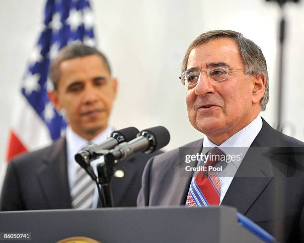 President Barack Obama watches as he is introduced by CIA Director Leon Panetta , to make remarks to Central Intelligence Agency employees at the...