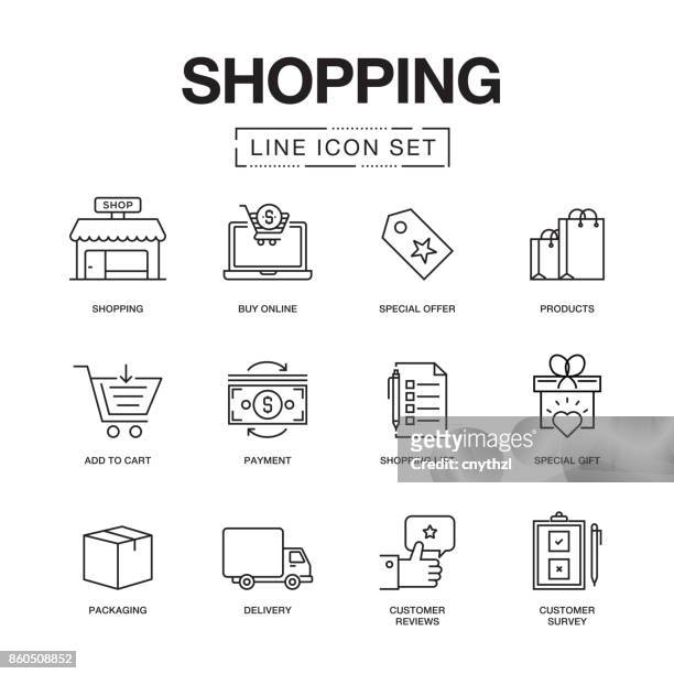 shopping line icons set - media buying stock illustrations