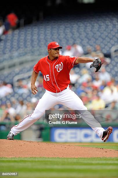 Daniel Cabrera of the Washington Nationals pitches against the Florida Marlins at Nationals Park on April 19, 2009 in Washington, DC.